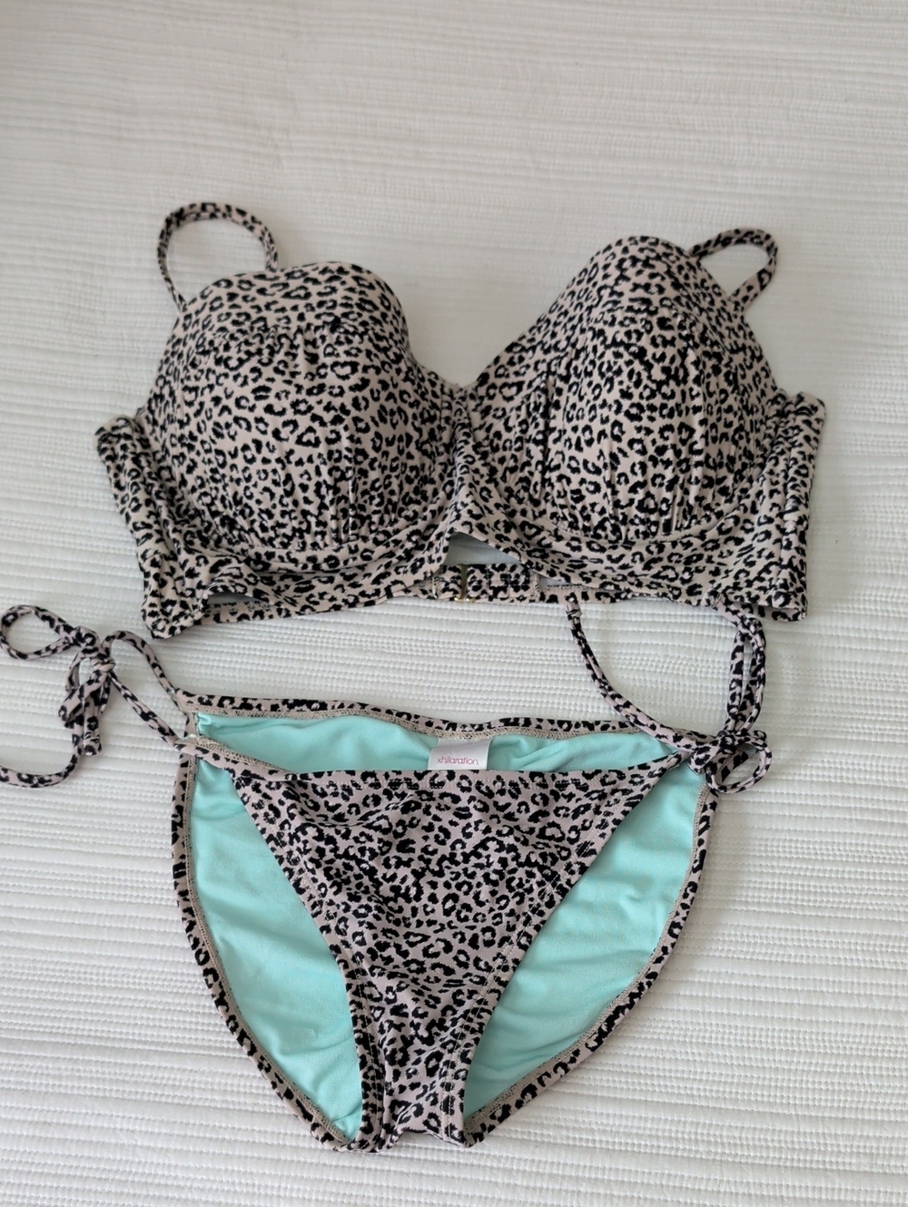 Leopard Print Push-Up Bikini Set in Black and Beige with Mint Lining